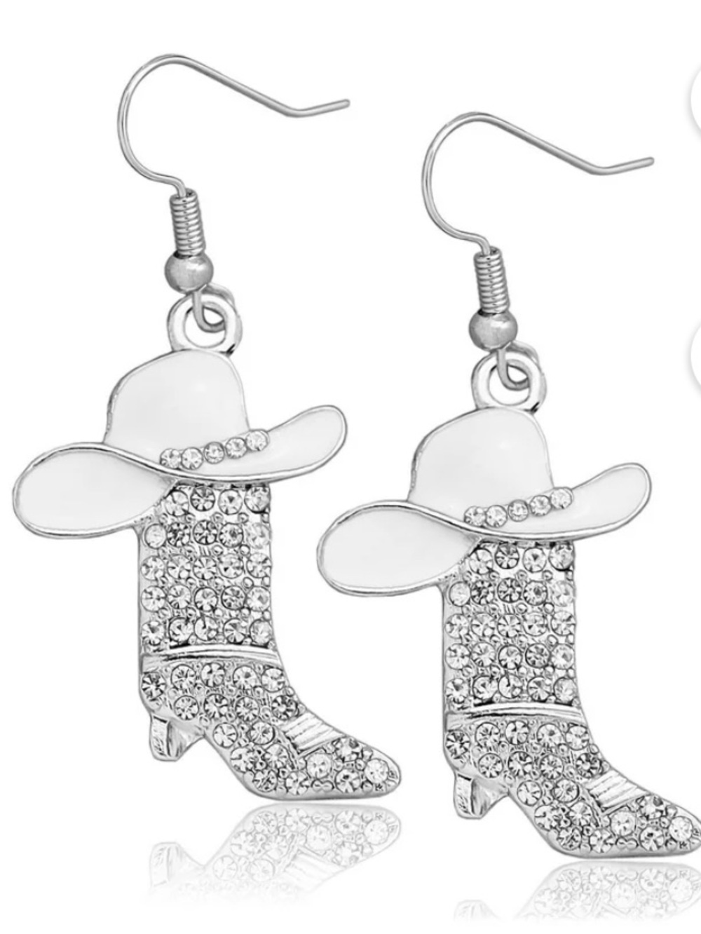 WESTERN Crystal Rhinestone  White Cowboy Hat Drop Earrings - Silver NIB